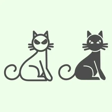 Witch cat line and solid icon. Scary cat sitting sideways and staring outline イラスト素材