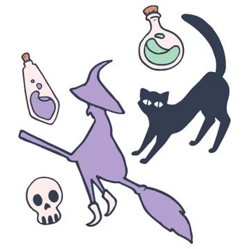 Witch with cat on white isolated backdrop Stock Illustration