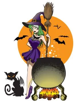 Witch Cauldron And Cat Bat 2 Illustrazione stock
