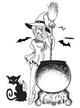 Witch Cauldron And Cat Bat Line Art Illustrazione stock