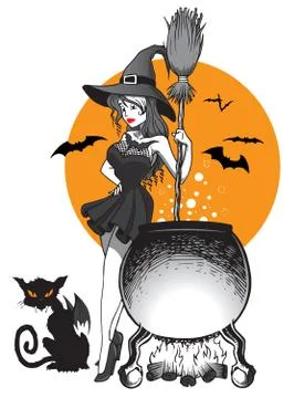 Witch Cauldron And CatBat 库存插图
