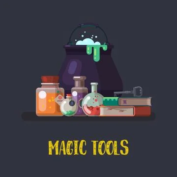 Witch cauldron and magic books, flask. Halloween Stock Illustration