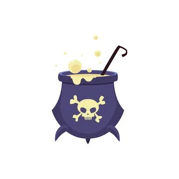 Witch cauldron with boiling potion and cartoon skull - evil magic poison Illustrazione stock