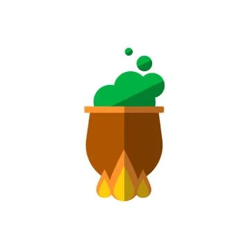 Witch cauldron with bubbling green liquid isolated on white background. Magic Stock Illustration