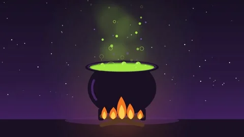 Witch cauldron with bubbling green potion and magic steam over fire Vídeo Stock 347895676