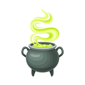 Witch cauldron with bubbling green potion. Magic object cartoon vector Illustrazione stock