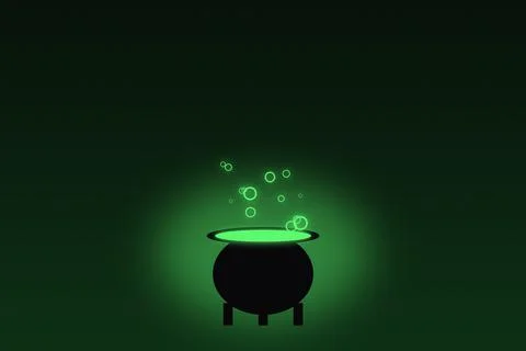Witch cauldron bubbling with green potion, magical glow, night forest, Hall.. Ilustración de archivo