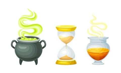 Witch cauldron with bubbling potion and hourglass. Witchcraft objects set イラスト素材