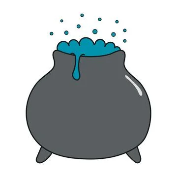 Witch cauldron with bubbling potion hand drawn Halloween illustration. Stock Illustration