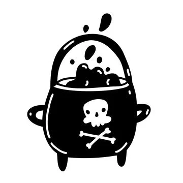 Witch cauldron in cartoon doodle style. Halloween vector illustration with bo Stock Illustration
