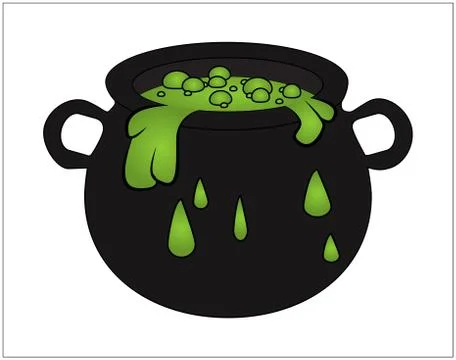 Witch cauldron with green potion, bubbling witches brew. Cartoon Vector illus Stock Illustration