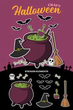 Witch cauldron with green potion doodle sticker elements. Stock Illustration