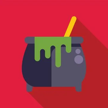 Witch cauldron with green potion spilling over edge and wooden stick inside on Illustrazione stock