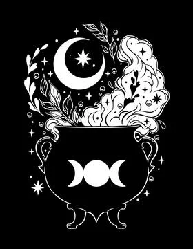 Witch Cauldron Potion Smoke with Crescent Moon Line Art Stock Illustration