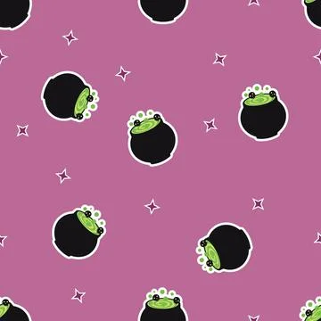 Witch Cauldron Seamless Pattern with Bubbling Magic Potion 스톡 일러스트