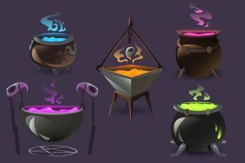 Witch cauldrons with boiling magic potions Illustrazione stock