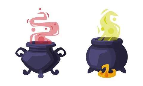 Witch cauldrons with boiling potion. Witchcraft attributes, halloween objects Illustrazione stock