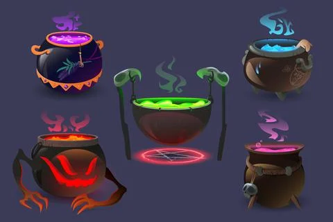 Witch cauldrons with magic potions and elixir Stock Illustration