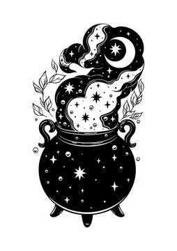 Witch Cauldrons with Magic Smoke Crescent Moon and Stars Vector Illustration Stock Illustration
