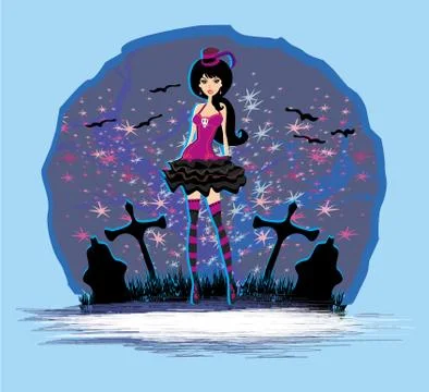 Witch on cemetery Stock Illustration