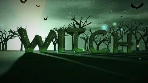 Witch Charred 3D Text in a Haunted Swamp with Flying Bats Stock Illustration