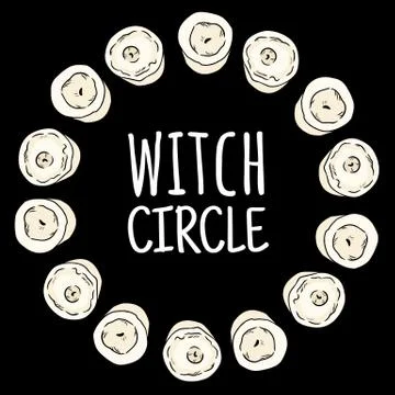 Witch circle boho candles doodles in a wreath composition. Vector wiccan magi Stock Illustration