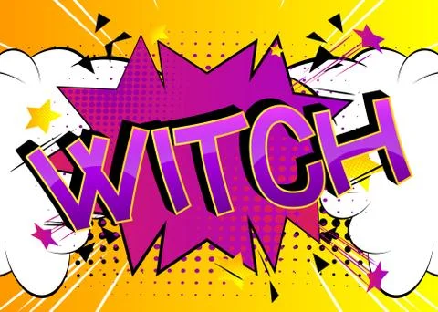 Witch Comic book style cartoon words on abstract colorful comics background. Stock Illustration