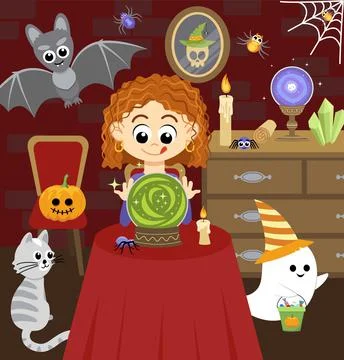 Witch is conjuring by magic crystal ball. Halloween cartoon interior. Soothsayer Stock Illustration