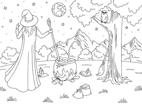 Witch conjuring. Mountain graphic black white landscape sketch illustration vect Stock Illustration