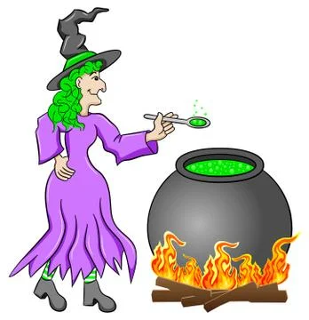Witch cooking a magic potion in the cauldron Illustrazione stock