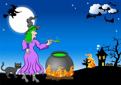 Witch cooking a magic potion in the cauldron Stock-Illustration