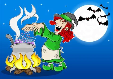 Witch cooking a magic potion in the cauldron Stock Illustration