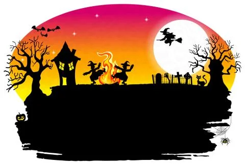 Witch dancing around fire at halloween Stock Illustration