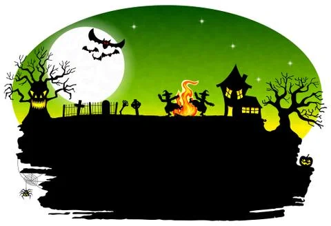 Witch dancing around fire at halloween Stock Illustration