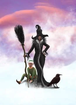 A witch, Elf and a raven Stock Illustration
