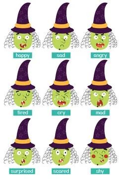 Witch emotions set. Big set of cartoon faces. Halloween character expressing Stock Illustration