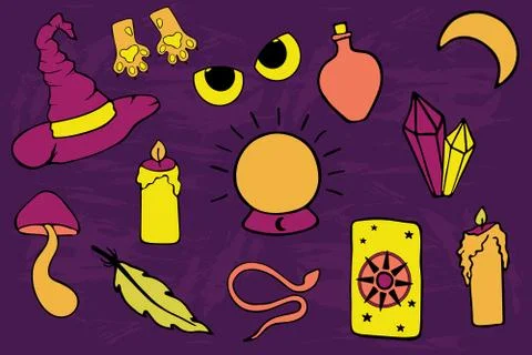 Witch equipment vector sticker pack Stock Illustration