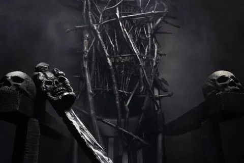 Witch evil throne with skulls and cane. Stock Photos