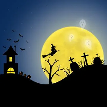 A witch flies through a cemetery on a full moon Stock Illustration