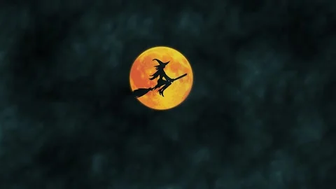 Witch flying on broom and passing over the full moon. Night scene. Halloween. Stock Footage 220897818