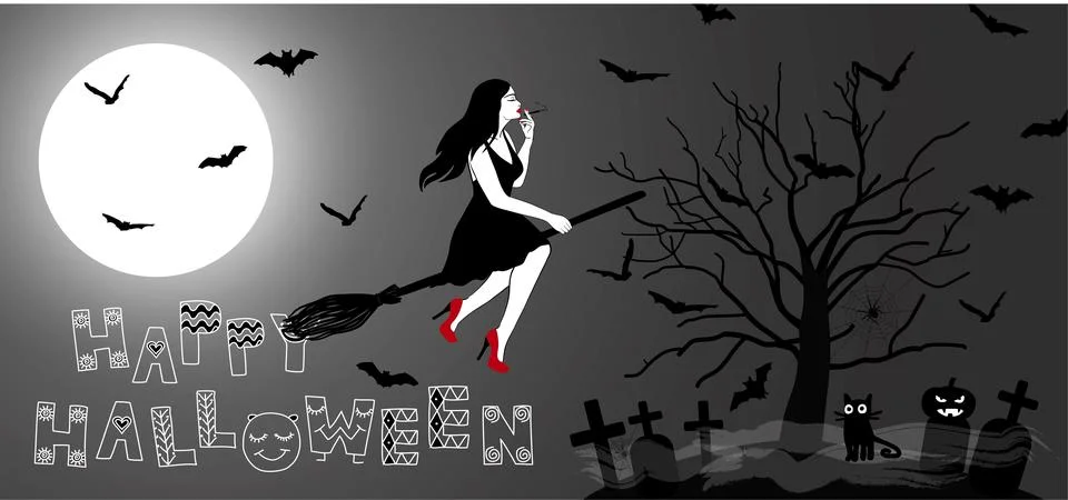 Witch flying on a broom Stock Illustration