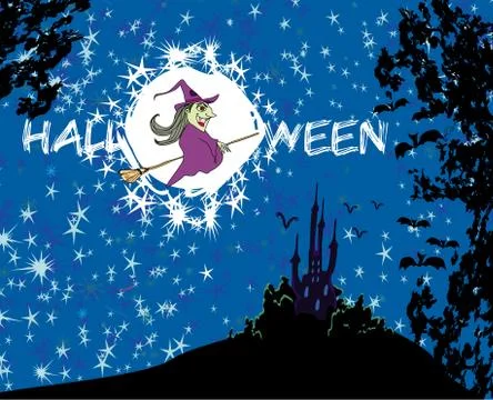 Witch flying on a broom in moonlight Stock Illustration