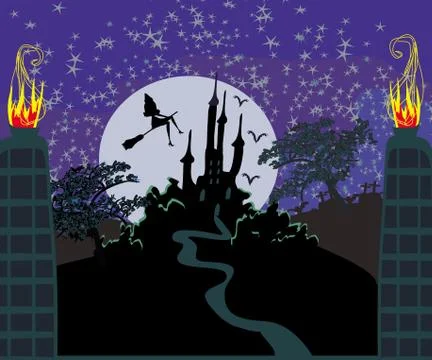 Witch flying on a broom in moonlight Stock Illustration
