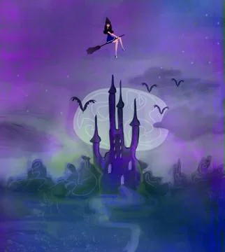 Witch flying on a broom in moonlight. Stock Illustration