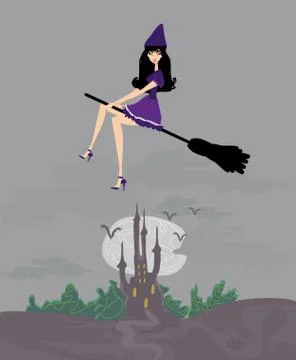 Witch flying on a broom in moonlight. Stock Illustration