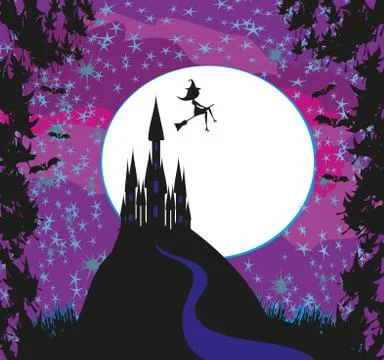 Witch flying on a broom in moonlight. Stock Illustration