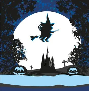 Witch flying on a broom in moonlight. Stock Illustration