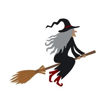 Witch flying on broom. Vector illustration isolated on white background. Stock Illustration