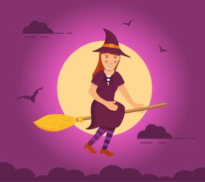 Witch flying on broomstick background of a full moon. Stock Illustration