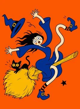 Witch Flying on a Broomstick with a Black Cat Stock Illustration